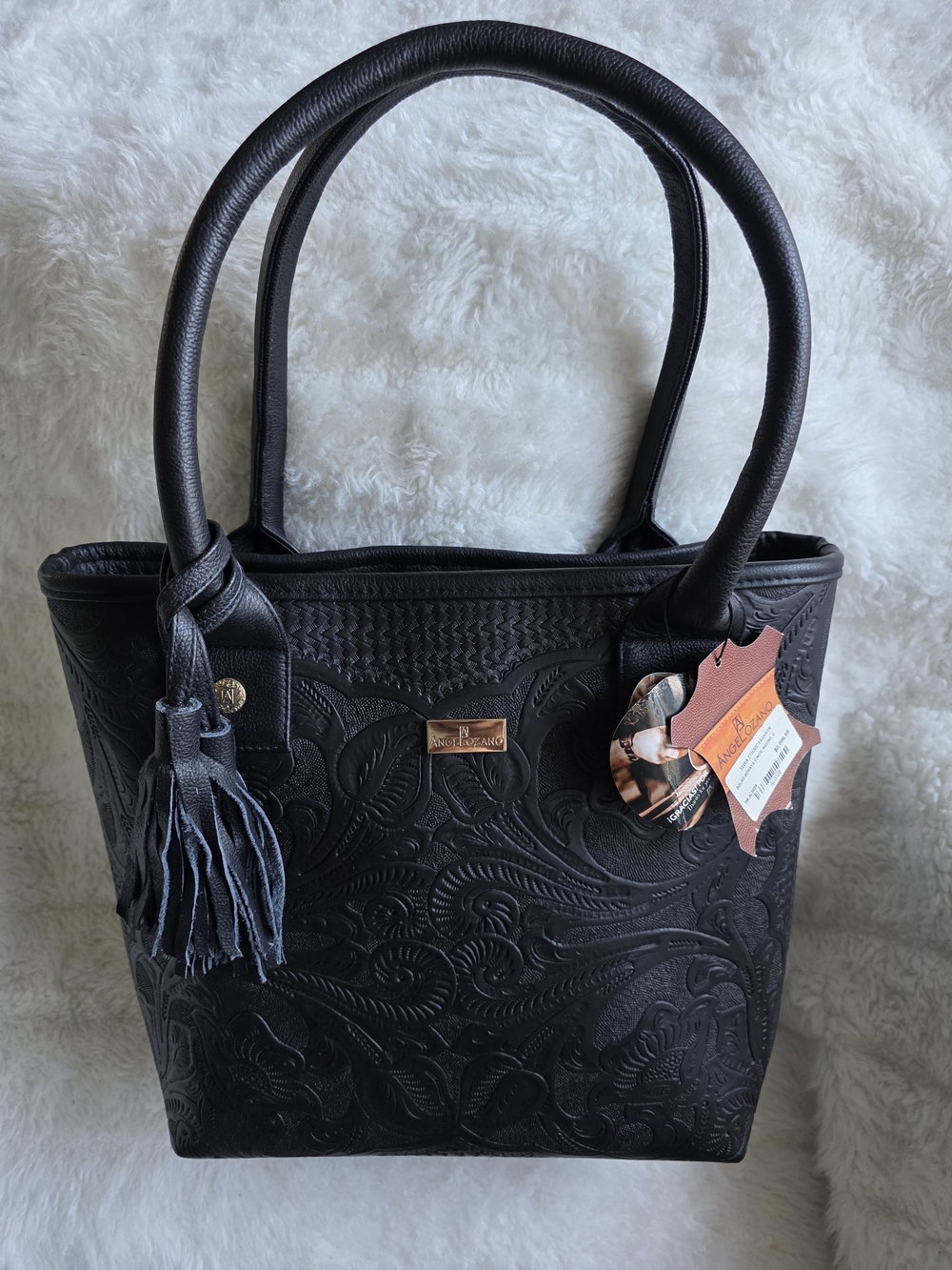 Angelozano Leather Black Women's Embossed Tote Bag with Tassel